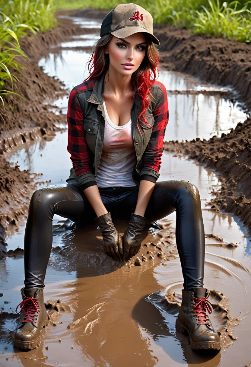 (Slim sexy body girl, long legs), hiking boots, (very muddy washed-out black dirty long tight jeggings:1.5), (open khaki military long sleeves jacket), (wet tight red checkered shirt with cleavage), (baseball cap), (leather gloves). (sitting on mud, spreading legs wide showing crotch). Ultra-realistic. Vibrant colors. Sunny.