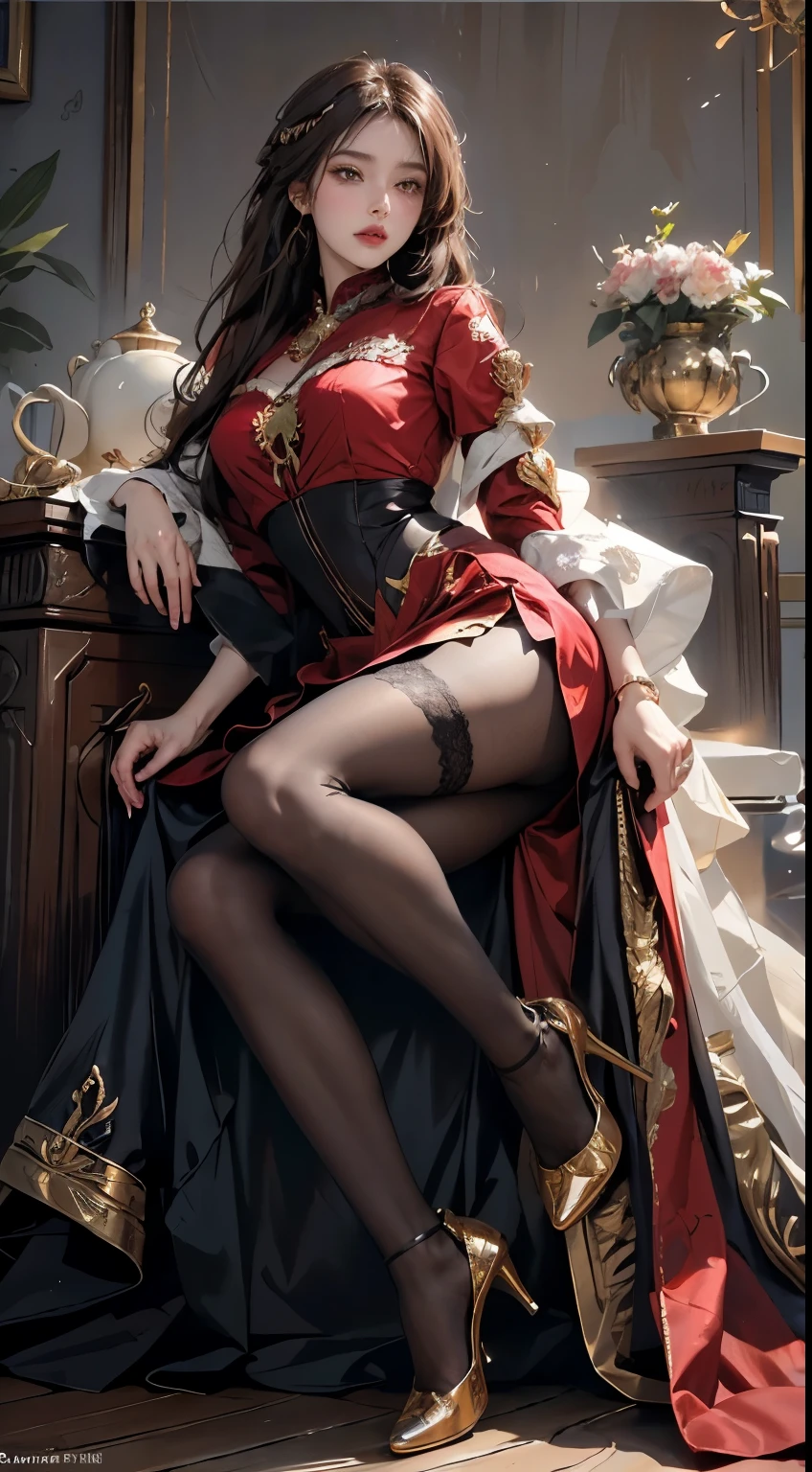 ((Masterpiece, Highest quality)), Detailed face, CharacterDesignSheet，full bodyesbian, Full of details, Multiple poses and expressions, Highly detailed, Depth, Many parts，beuaty girl，cinmatic lighting，with light glowing，Red and gold，Phoenix decoration，light yarn，Lace，lacepantyhose，high-heels