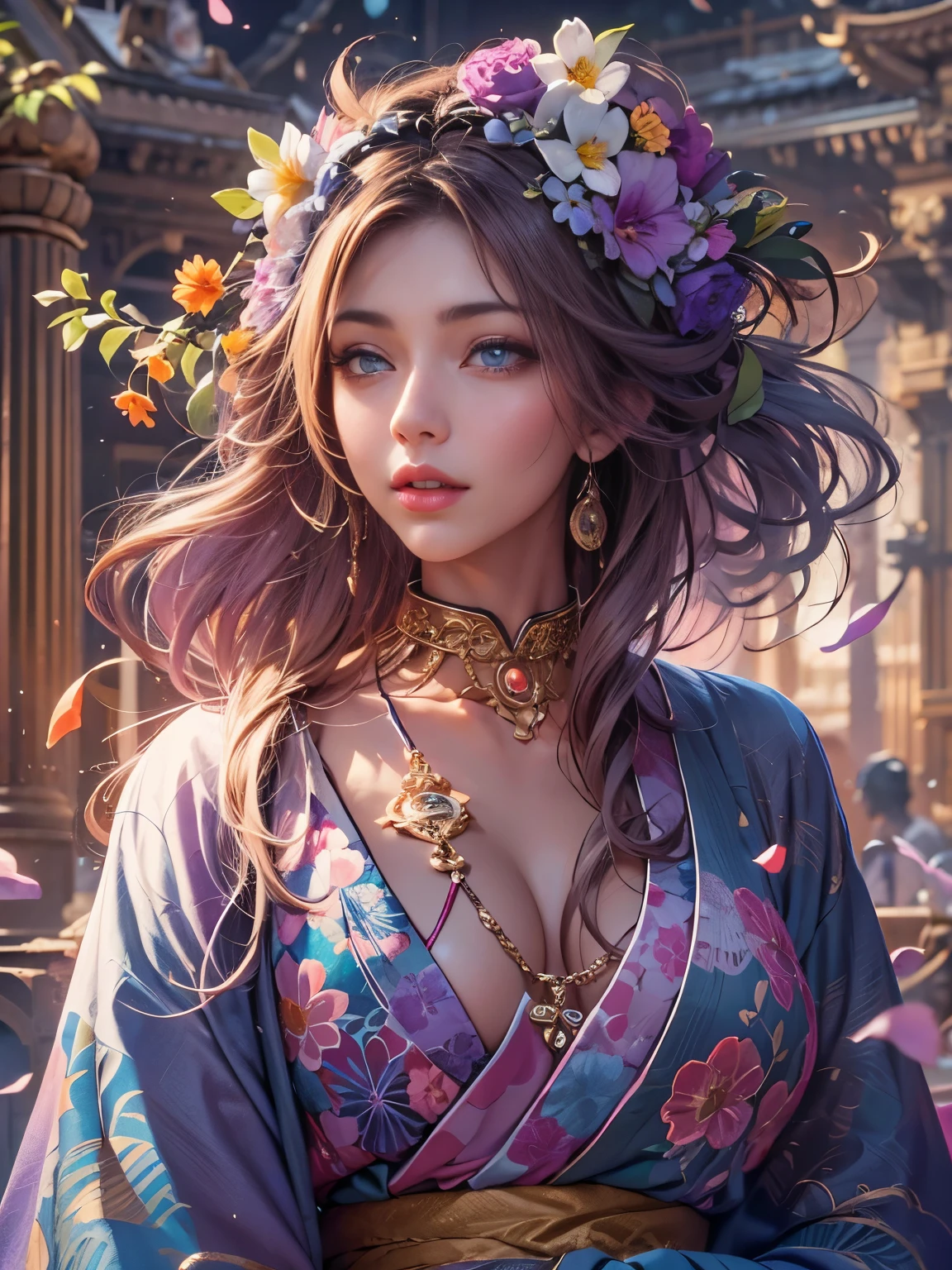 Mulher árabe de quimono com flores na cabeça, linda arte digitalwork, lindas ilustrações digitais, linda pintura digital, linda pintura digital, Arte em estilo Gweiz, renderização fotorrealista de garota anime, arte cg de anime suave, linda arte digital, Arte digital incrível com ótimos detalhes, Ilustrações digitais incríveis, arte digital detalhada de anime, Renderização de abril, Lindos retratos de anime, Como uma fada perfeita, Vôo, Estilo de pintura de Yasutomo Oka, seios grandes, Adicione roxo claro e roxo, Adicionar vermelho claro, detalhes intrincados, tela de abertura, Resolução 8K, obra de arte, Sorriso manso, Templo grande, fundo misterioso do círculo mágico, Mandala Budista, Fundo colorido, aura, olhar gentil, QUEBRAR, loiro, Poses sensuais dinâmicas, Ventos fortes, Senhor.々fonte de luz, Luz colorida, 
