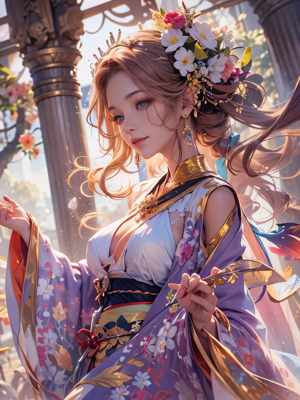 Arabian woman in kimono with flowers on her head, Beautiful digital artwork, Beautiful digital illustrations, Beautiful digital painting, Gorgeous digital painting, Gweiz-style artwork, Photorealistic anime girl rendering, Smooth anime CG art, Beautiful digital art, Amazing digital art with great detail, Amazing digital illustrations, Detailed digital anime art, April Rendering, Beautiful anime portraits, Like a perfect fairy, Flying, Yasutomo Oka's painting style, Big Breasts, Add light purple and purple, Add Light Red, Intricate details, Splash screen, 8K resolution, masterpiece, Meek smile, Big temple, mysterious magic circle background, Buddhist Mandala, Colorful background, aura, Gentle gaze, Break, Blonde, dynamic sexy poses, Strong winds, Mr.々Light source, Colorful light, 

