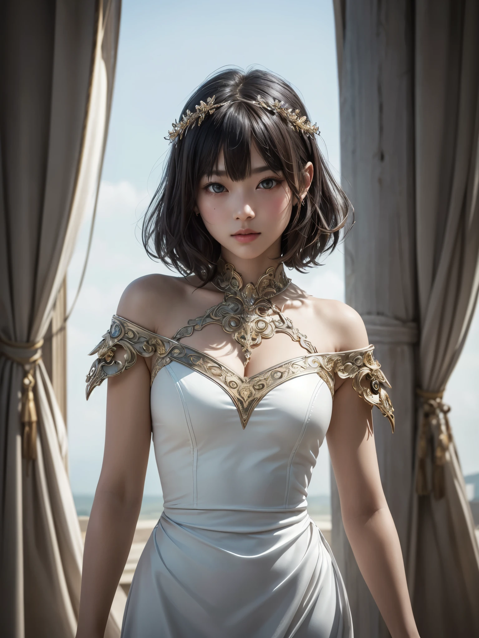 1girl, glowing pillars, dramatic cinematic lighting, detailed face, looking at viewer, (masterpiece, highest quality, software:1.4), (hyper-realistic, realistic:1.3), detailed hair, (exaggerated ornamental ornate shoulder pad:1.2), sparkling eyes, cleavage, (sophisticated white dress design:1.4), japanese, (13yo, cute:1.3), straight messy medium hair, (mole:0.8), large breasts, black eyes, (tareme, v-shaped eyes), short eyebrows, wide eyes, bangs, broad nose, puffy cheeks,