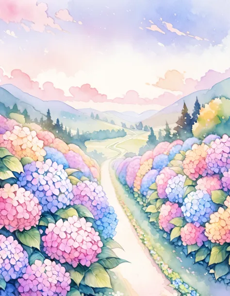 hydrangea path, small hill, ((colorful flowers, pastel colour)), watercolor:1.2, whimsical and delicate, like an illustration in...