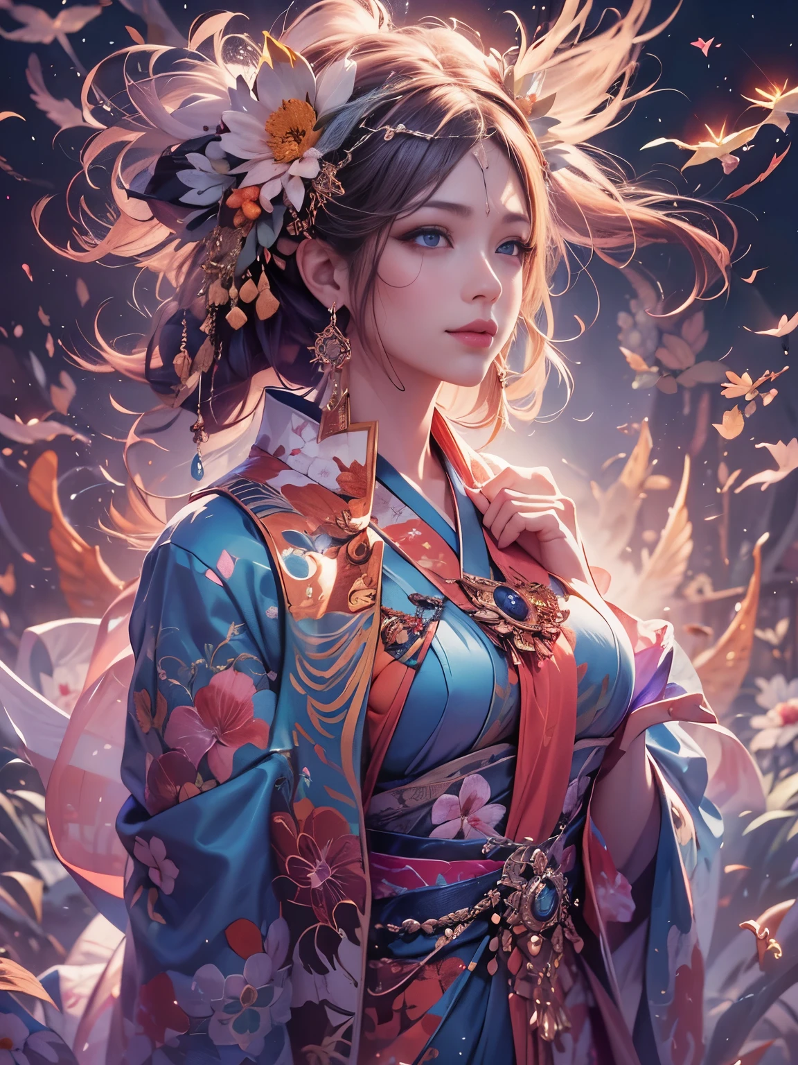 Arabian woman in kimono with flowers on her head, Beautiful digital artwork, Beautiful digital illustrations, Beautiful digital painting, Gorgeous digital painting, Gweiz-style artwork, Photorealistic anime girl rendering, Smooth anime CG art, Beautiful digital art, Amazing digital art with great detail, Amazing digital illustrations, Detailed digital anime art, April Rendering, Beautiful anime portraits, Like a perfect fairy, Flying, Yasutomo Oka's painting style, Big Breasts, Add light purple and purple, Add Light Red, Intricate details, Splash screen, 8K resolution, masterpiece, Meek smile, Big temple, mysterious magic circle background, Buddhist Mandala, Colorful background, aura, Gentle gaze, Break, Blonde, dynamic sexy poses, Strong winds, Mr.々Light source, Colorful light, 
