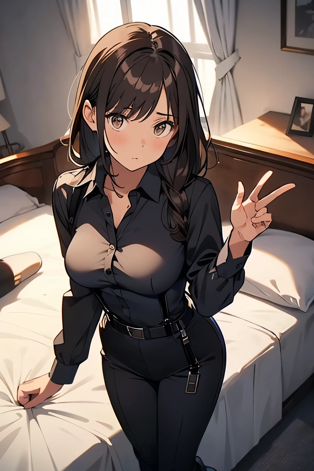 Brown Hair、Staring at the audience　　　Black suspenders　　　bulging big breasts　　 　 　　　wall: 　Black pantsuit　　　　　　sight　　　Small face　 　　　holster　　　Beautiful woman　　Show your hand　　 Lying in bed　　sight 　　Taunt　side　side汗 　arm　Dress shirt　Black Suit　belt