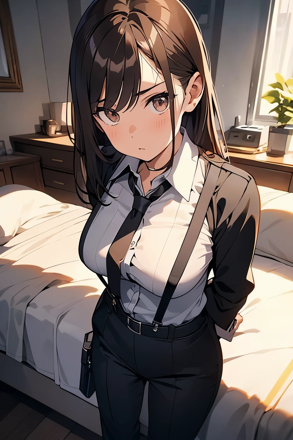 Brown Hair、Staring at the audience　　　Black suspenders　　　bulging big breasts　　 　 　　　wall: 　Black pantsuit　　　　　　sight　　　Small face　 　　　holster　　　Beautiful woman　　Show your hand　　 Lying in bed　　sight 　　Taunt　side　side汗 　arm　Dress shirt　Black Suit　belt