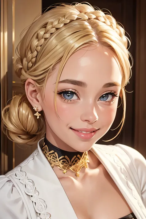 close up on face, blonde hair, French braid through hair, chignon, white and gold, filigree, choker, earrings, smile, smiling, b...