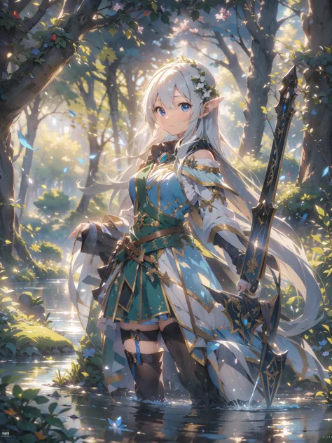 (masterpiece:1.2),(anime),(Medieval Background),(Elf)、Rogue Outfit、(Archer)、in the forest、cute、Light Effects、lake