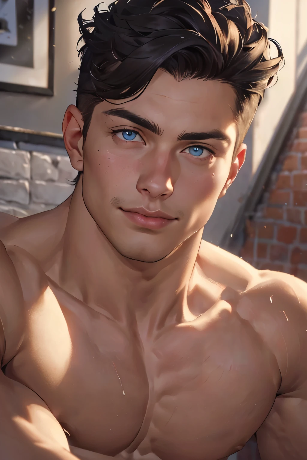 ((the best quality)), ((Masterpiece)), (details), perfect face, high definition, Masterpiece,4k,details clearly, Handsome face, white skin, perfect body, male body, strong muscles, abdomen, blue eyes, white skin, The most handsome man in the world, handsome, The coolest face, Male characters, close image (1man, shirtless), young man, mischievous smile, Extremely muscular tall man, open your eyes ((detailed eyes)), huge, muscular body and Massive, bulging pecs, muscular abs, narrow waist, short hair, blue eyes, delicate big eyes, carefree expression, clear face, handsome (detailed face, perfect face) ((extremely realistic shadows, bodybuilding posture, human, ((22-year-old young man)), V shape, Shirtless, topless, close up look, CG sense, Textured skin, the best quality, Storytelling images, lower your pants, show Panty line, Show your abs, show arm muscle, Black hair, shining blue eyes, eyes contact, high school