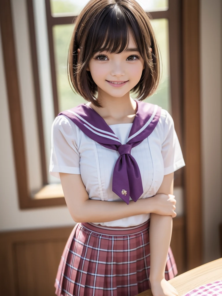 (highest quality, 4k, 8K, High resolution, Tabletop:1.2), Super detailed, Realistic:1.37, Light brown hair, Short Bob Hair, Asymmetrical bangs, high school girl, Sailor suit, Purple and pink checkered micro mini pleated skirt, Super super slender body, Shy and cute face, A very happy smile