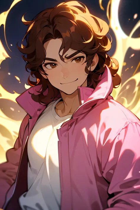 avatar,short wavy hair, white shirt,pink jacket, young male, brown eyes, night time, brown hair, smirk, golden crown