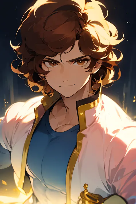 avatar,short wavy hair, white shirt,pink jacket, young male, brown eyes, night time, brown hair, smirk, golden crown