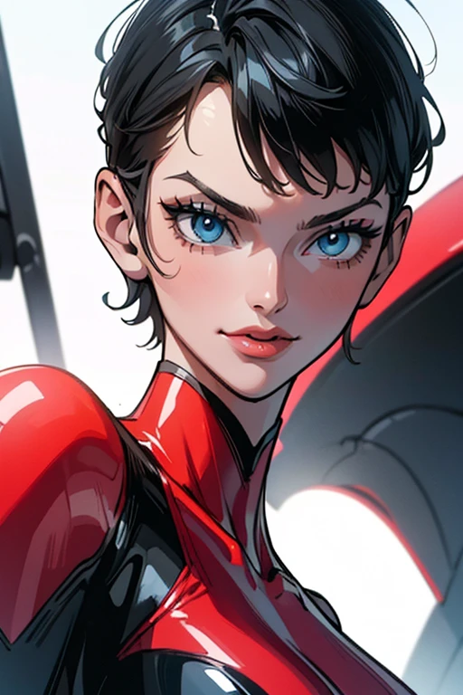 (art, Best quality, absurd, 4K, aesthetics, perfect eyes, perfect face, detailed, complex, Perfect lighting) 1 girl with fair skin, dark shaved short hair, wears a red and black futuristic bodysuit, queen of an alien race, warrior, gentle smile
