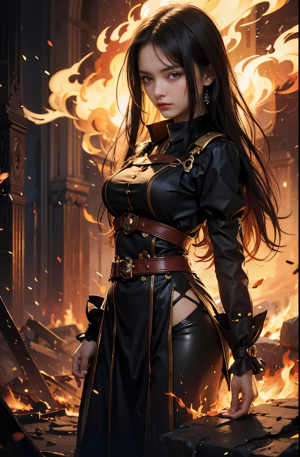 (Masterpiece, Best quality, high resolucion) 1 maître du feu with long black hair and blue eyes in a pose d&#39;action ensemble prêt à affronter son adversaire. Elle porte une cape noire de magicien, Golden bracelets. It is in color and uses the flames. battlefield, monde fantastique, standing in the middle of the image