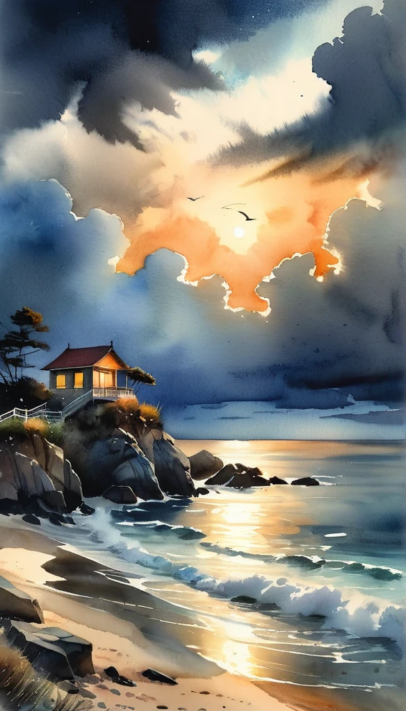 
a watercolor painting of a delicate soft brush landscape, masterpiece, seacoast with Lighthouse, several people walking on the beach, dark clouds over the sea, wattered, atmospheric, serene, cinematic, stunning natural lighting, vibrant colors, highly detailed, dramatic, photorealistic