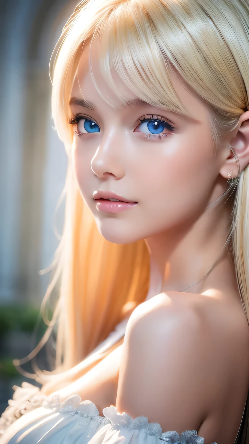 8K,最好的品質,真實圖片,錯綜複雜的細節,超高解析度,景深场,咬肌區域,自然柔和的光線,專業照明,1 名女孩,(可愛的:1.2),(哥特式时尚),表情明亮,年轻闪亮白皙光泽的皮肤,极致美丽,終極美麗的金髮女孩,世界上最美丽的白金色头发,閃亮的淺金色頭髮,长长的丝质金发,閃亮美麗的瀏海,閃閃發光的, 清澈迷人的藍眼睛,很漂亮, 迷人的, 可愛的1, 娃娃臉的金髮女孩、金色的头发在风中飘扬、脫肩
