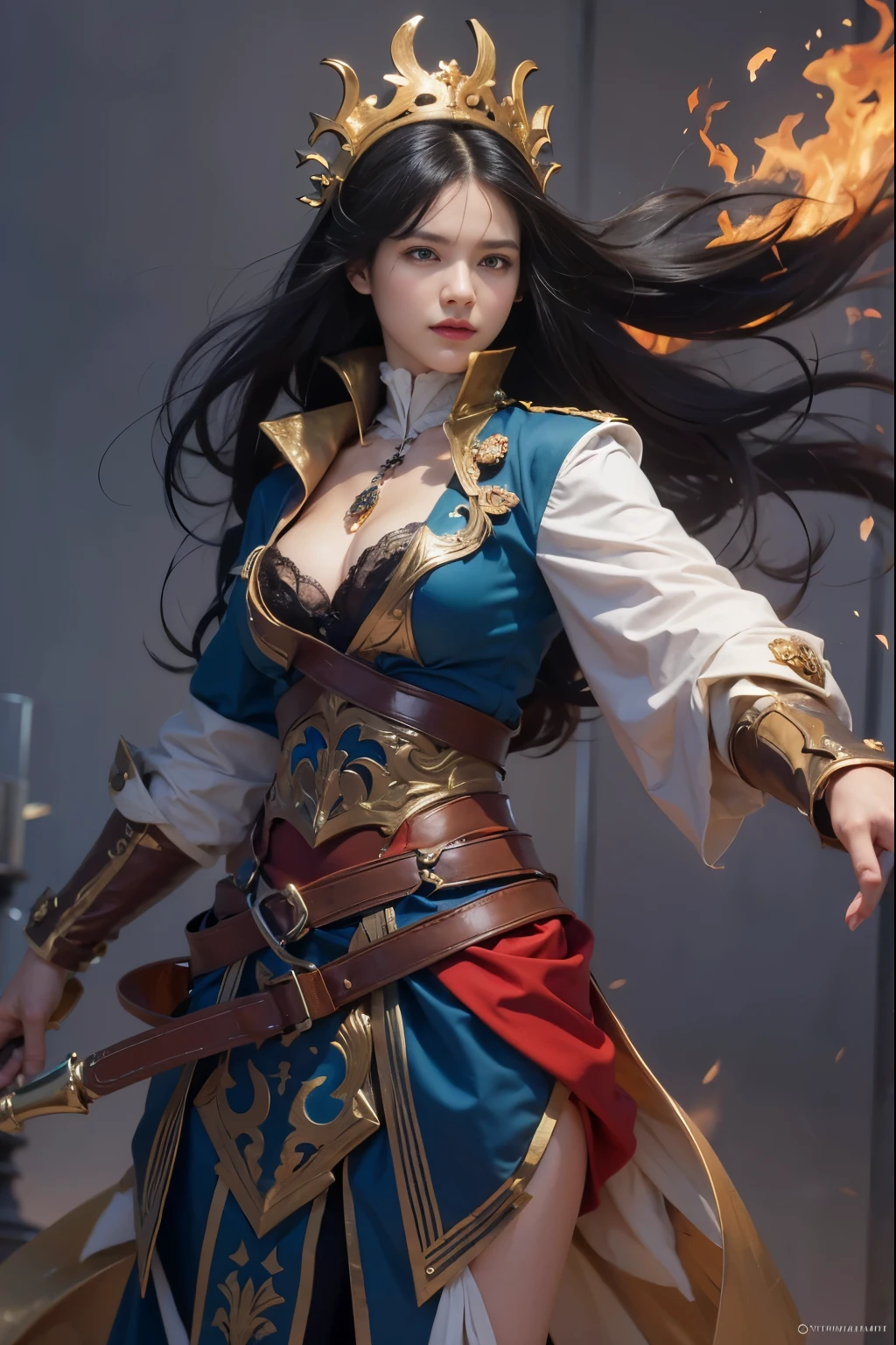 (Masterpiece, Best quality, high resolucion) 1 maître du feu with long black hair and blue eyes in a pose d&#39;action ensemble prêt à affronter son adversaire. Elle porte une cape noire de magicien, Golden bracelets. It is in color and uses the flames. battlefield, monde fantastique, standing in the middle of the image