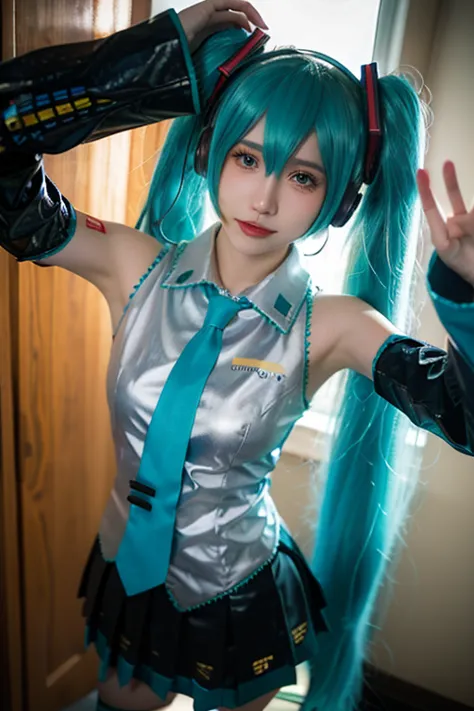 highest quality, masterpiece, realistic, photorealistic, one girl, alone,  cowboy shot, hatsune miku cosplay costume, hatsune mi...