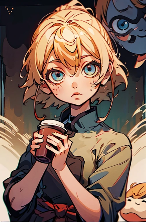 Hay una niña sosteniendo una taza de café en su mano., linda cara chica, linda cara de anime natural, Tiene una cara bonita - suave -, Sakimi-chan, Chiho, Yoshitomo Nara, linda cara joven, Rostro de una hermosa chica japonesa, pelo rubio y ojos grandes, linda chica kawaii, hermosa grande, ojos claros