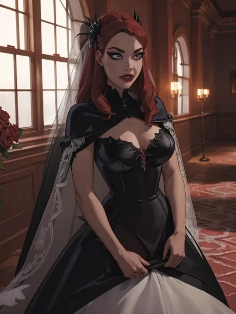 32:32 
wedding day, dark church of black flowers, bride red hair, heavy makeup, eyelashes, red lipstick,glowing icy blue eyes, h...