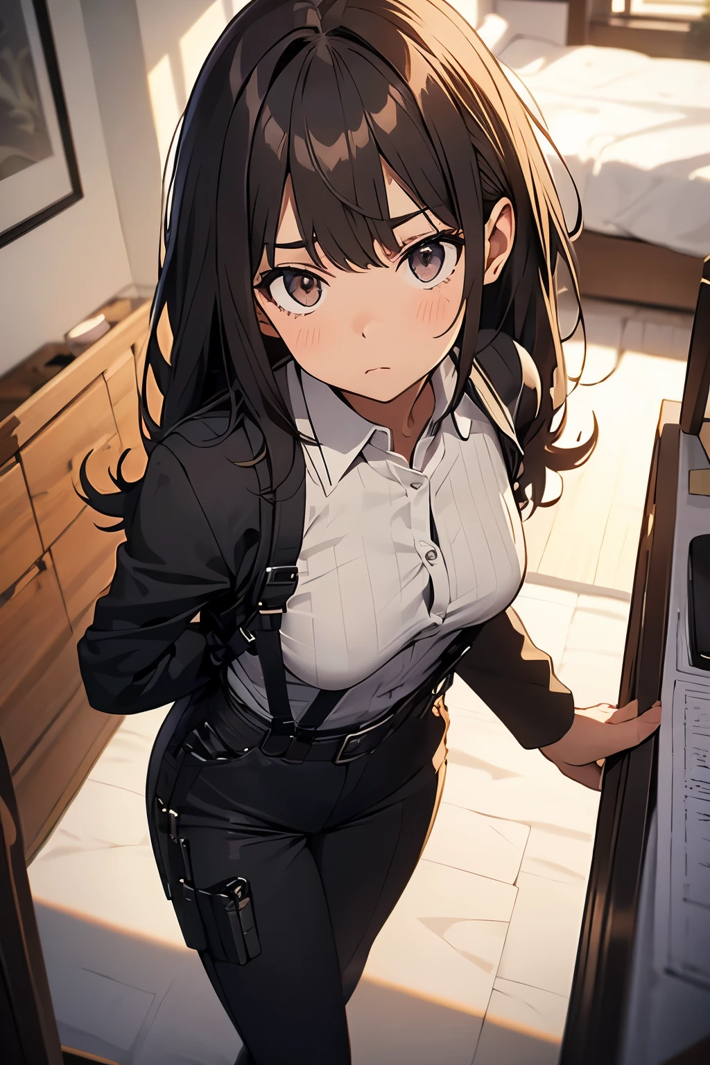 Brown Hair、Staring at the audience　　　Black suspenders　　　bulging big breasts　　 　 　　　wall: 　Black pantsuit　　　　　　sight　　　Small face　 　　　holster　　　Beautiful woman　　Show your hand　　 Lying in bed　　sight 　　Taunt　side　side汗 　arm　Dress shirt　Black Suit　belt