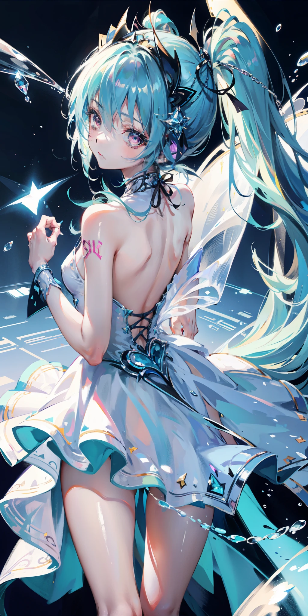 blaues Thema, hatsune miku portrait，Meisterwerk, Magie , (unmögliches Kleid:1.5), Minirock, Farbverlauf-Hintergrund, Silberblaues Haar, , Bangs,Seitenkette, rosa Augen, (ulzang-6500-v1.1:0.9), 中等Brust, Brust, Oberschenkellücke, Haar-Accessoires, nach hinten wölben, Schwarz_Hexe_Haben,kompliziert_schmücken,Geheimnis_Brunnen,Leuchtend_Kristall