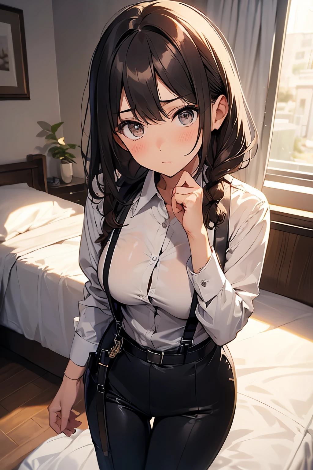 Brown Hair、Staring at the audience　　　Black suspenders　　　bulging big breasts　　 　 　　　wall: 　Black pantsuit　　　　　　sight　　　Small face　 　　　holster　　　Beautiful woman　　Show your hand　　 Lying in bed　　sight 　　Taunt　side　side汗 　arm　Dress shirt　Black Suit　belt