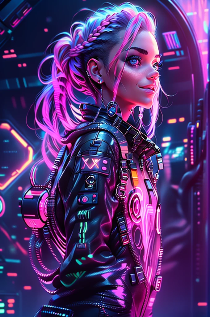 ((Bild im Cyberpunk-Stil, Erstelle zwei Charaktere), (futuristisch , Raum station, Raum)))_((Im Zentrum der Komposition stehen zwei Figuren, Nahaufnahme, ein Junge und ein Mädchen - volles Wachstum), (ein Mädchen in einem stylischen Overall, eine schlanke Figur, dynamische pose), (ihre Kleidung sieht sehr stylisch aus, futuristisch, viele Details, Latexmaterial, Strukturierte Stoffelemente, Farben, Rosa, Blau, Weiß), (Ihr Bild verkörpert Schönheit und Sympathie, ihr Gesicht strahlt Glück aus, ausdrucksstarke Augen, lächeln), (Ihre Frisur, Zwei lange Zöpfe, hair dyed Blau, Rosa - neon highlights))_((Her partner, a futuristisch boy from the future, ist ganz in Schwarz gekleidet, seine Vorliebe für Kleidung, Dunkler Gothic-Stil, combined with Raum jumpsuit, sportlich stylisch), (schulterlanges Haar, gutaussehend, schwarze Augen, slender, jung, starker Körper))_((Hintergrund, Raum station, Raum, Technologische Elemente, Glanz der Sterne))_((Hohe Bildqualität, stylisches Bild im Cyberpunk-Stil, futuristisch future, Meisterwerk), (Animationskamera, stilisierter Realismus, Japanischer Anime, blade runner, Apfelsamen, Abonnieren), (Full HD, 18K).