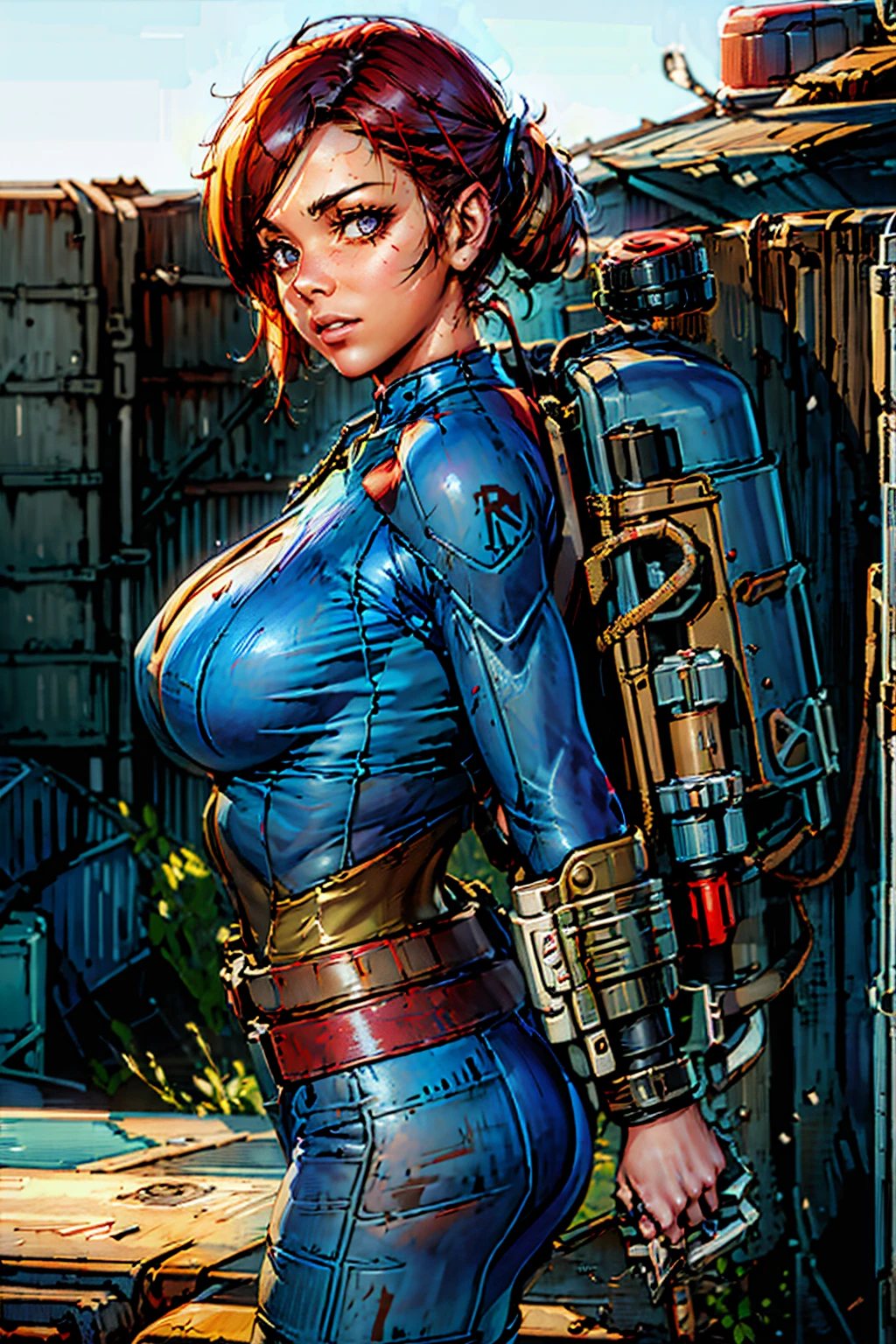 Fallout 3 a girl red punk head blue shelter uniform Backpack big breasts breast enhancement satellite map watch post-apocalyptic world