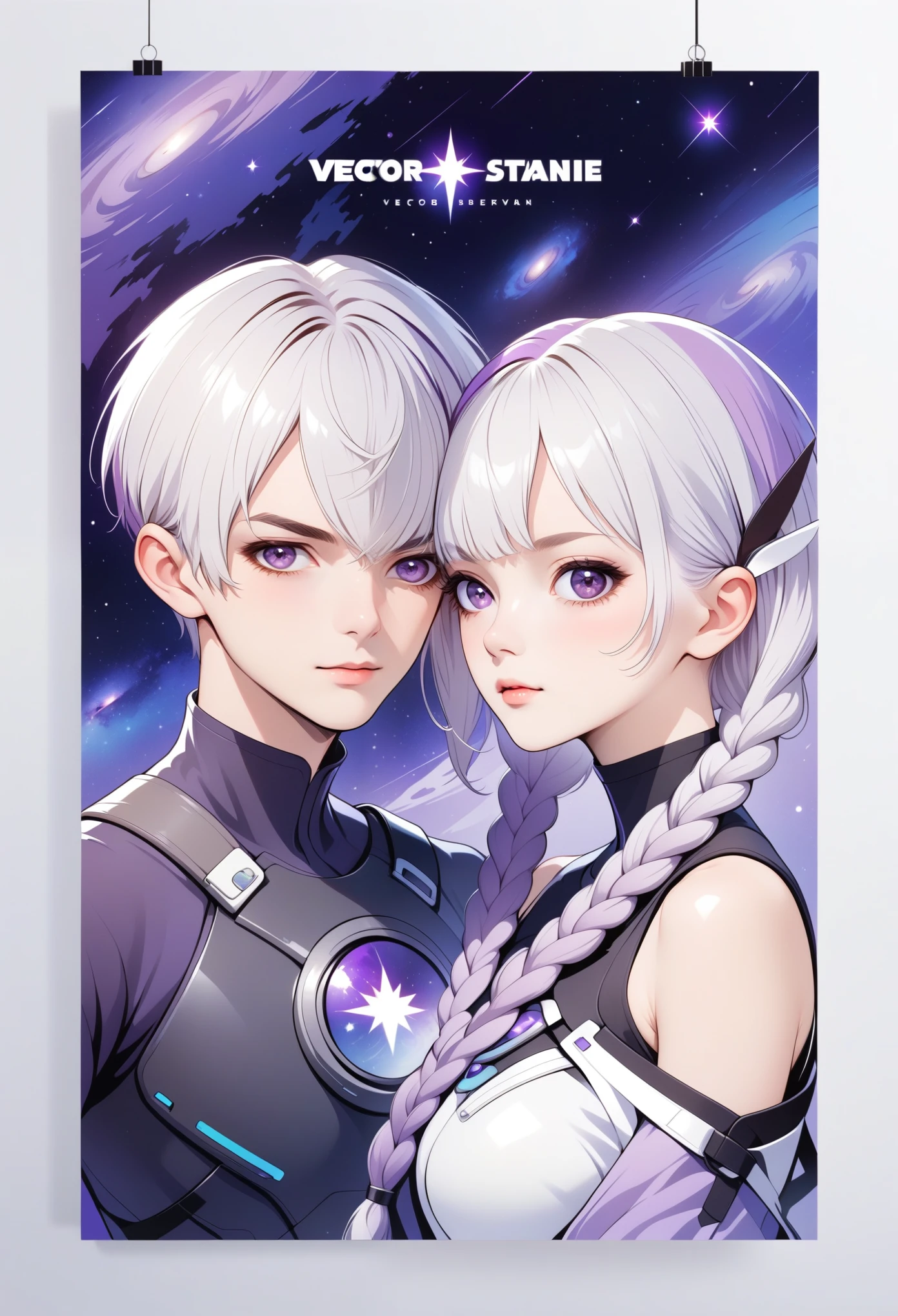 graphic design，Vector Art，Smooth lines，Minimalist style，Couple poster design：2 people，Boys short hair，Purple Eyes，White hair，Girl with purple long braids，Galaxy theme