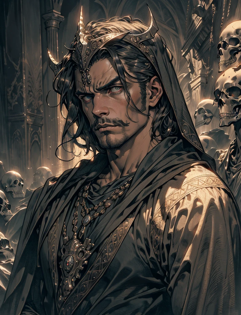 intricate, detailed portrait of Thanatos, the Greek god of death, with a thick mustache, dark and moody atmosphere, dramatic lighting, intense gaze, ornate clothing, intricate details, photorealistic, cinematic, masterpiece, (best quality, 8k, detailed, photorealistic, highly detailed, sharp focus, ultra-detailed), (dark, moody, dramatic:1.2), greek mythology, mysterious, powerful, (god of death:1.2), chiaroscuro lighting, cinematic composition, ornate headpiece, cloak billowing, intense expression, penetrating eyes, sharp features, refined rendering, seamless blending, flawless skin, (realistic, photorealistic:1.37)