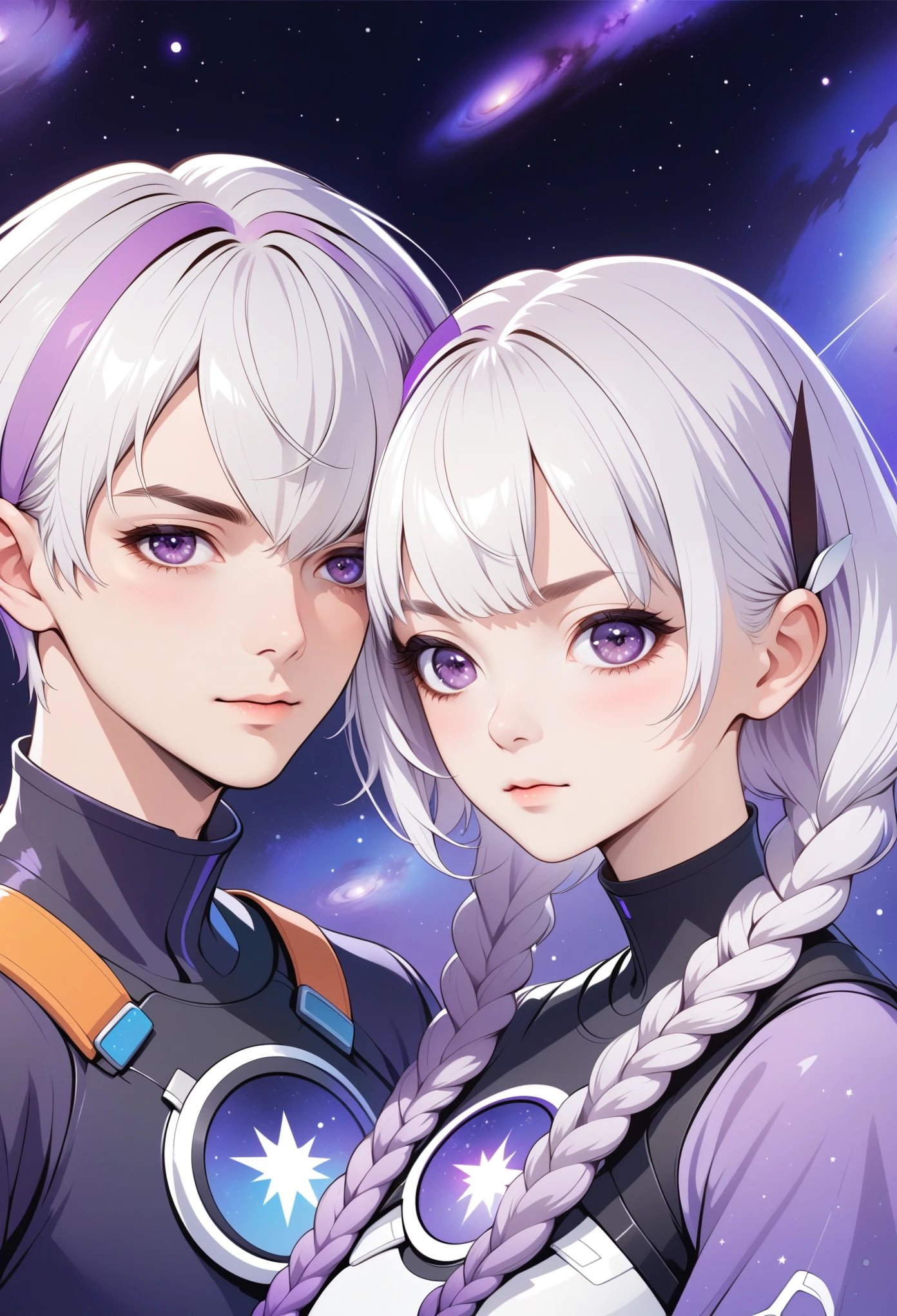 graphic design，Vector Art，Smooth lines，Minimalist style，Couple poster design：2 people，Boys short hair，Purple Eyes，White hair，Girl with purple long braids，Galaxy theme