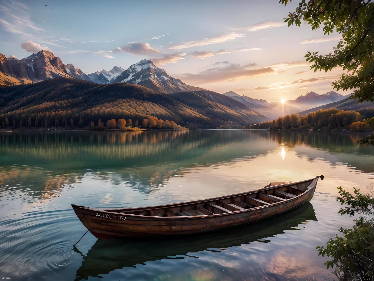 (Paysage aquarelle) : coucher de soleil，Bateaux Alafud au bord d’un lac de montagne, calme d&#39;automne, beau lac, Scène chaleureuse et belle, Un paysage naturel magnifique, des couleurs époustouflantes, Papier peint avec la nature, Paysage coloré et fantaisiste, Lac Rouge, Belle nature, осенний coucher de soleil, de beaux paysages épiques, Plongez-vous dans la nature, le paysage est magnifique, beau lac background, Une nature époustouflante en arrière-plan, Les couleurs sont vives et riches dans un paysage hyper réaliste., Dans des couleurs photoréalistes, 4k, Éclairage de cinéma, Lumière naturelle, Attention au détail, Photoréaliste, éclairage et ombrage volumétriques, 4k HD matte digital painting, Superbes images 8K,Couleur HDR,peinture aquarelle ultra-réaliste, haute définition et détaillée,