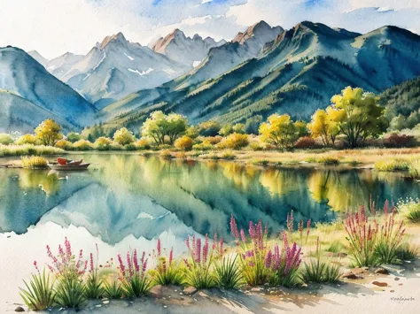 (Watercolor Landscape) : sunset，Alafud boats on the shore of a mountain lake, autumn calm, beautiful lake, Warm and beautiful sc...