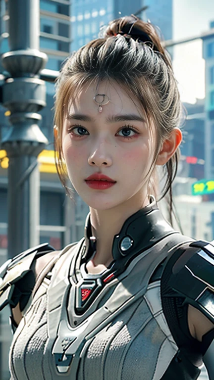 Game Art，Best image quality，Highest Resolution，8k，((Bust photo))，((Portraiture))，(Three-part method)，Unreal Engine 5 rendering， (Future Girl)，(Woman warrior)，22-year-old girl，(Long Hair Casual)，(Futuristic military wear，Beautiful eyes with attention to detail)，(Big Breasts)，(eye shadow)，Elegant and attractive，smile，(Frowning)，(Clothes packed with futuristic sci-fi style，sweater，Delicate pattern，Shining Jewels，armor，White and red)，Cyberpunk characters，Futuristic Style， Photo pose，Street background，Cinema Lighting，Ray Tracing，Game CG，((3D Unreal Engine))，OC Rendering Reflective Pattern