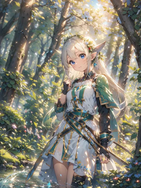 (masterpiece:1.2),(anime),(Medieval Background),(Elf)、Rogue Outfit、(Archer)、in the forest、cute、Light Effects、lake