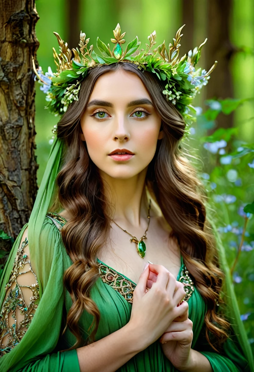 il y a une femme vêtue d&#39;une robe verte avec une couronne de fleurs sur la tête, belle jeune fille, Reine des fées de la forêt d&#39;été, belle jeune fille fantasy, beautiful princesse elfique, princesse elfique, beau portrait fantastique, style préraphaélite, portrait d&#39;une reine elfe, princesse médiévale, elle a une couronne de fleurs, princesse elfique, style préraphaélite