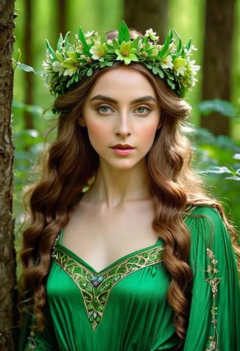 there is a woman dressed in a green dress with a crown of flowers on her head, beautiful young girl, fairy queen of the summer f...