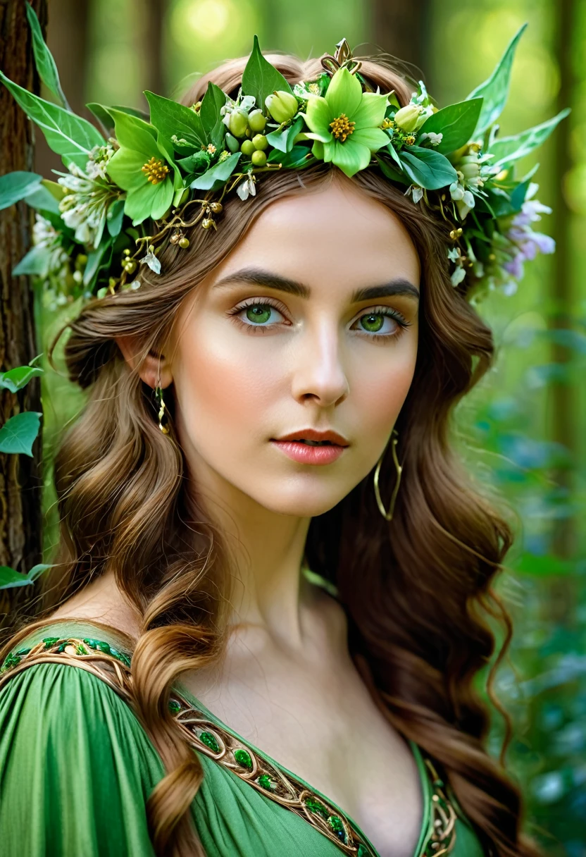 there is a woman dressed in a green dress with a crown of flowers on her head, beautiful young girl, fairy queen of the summer forest, beautiful young girl fantasy, beautiful elven princess, elven princess, beautiful fantasy portrait, pre-Raphaelite style, portrait of an elven queen, medieval princess, she has a crown of flowers, elven princess, pre-Raphaelite style