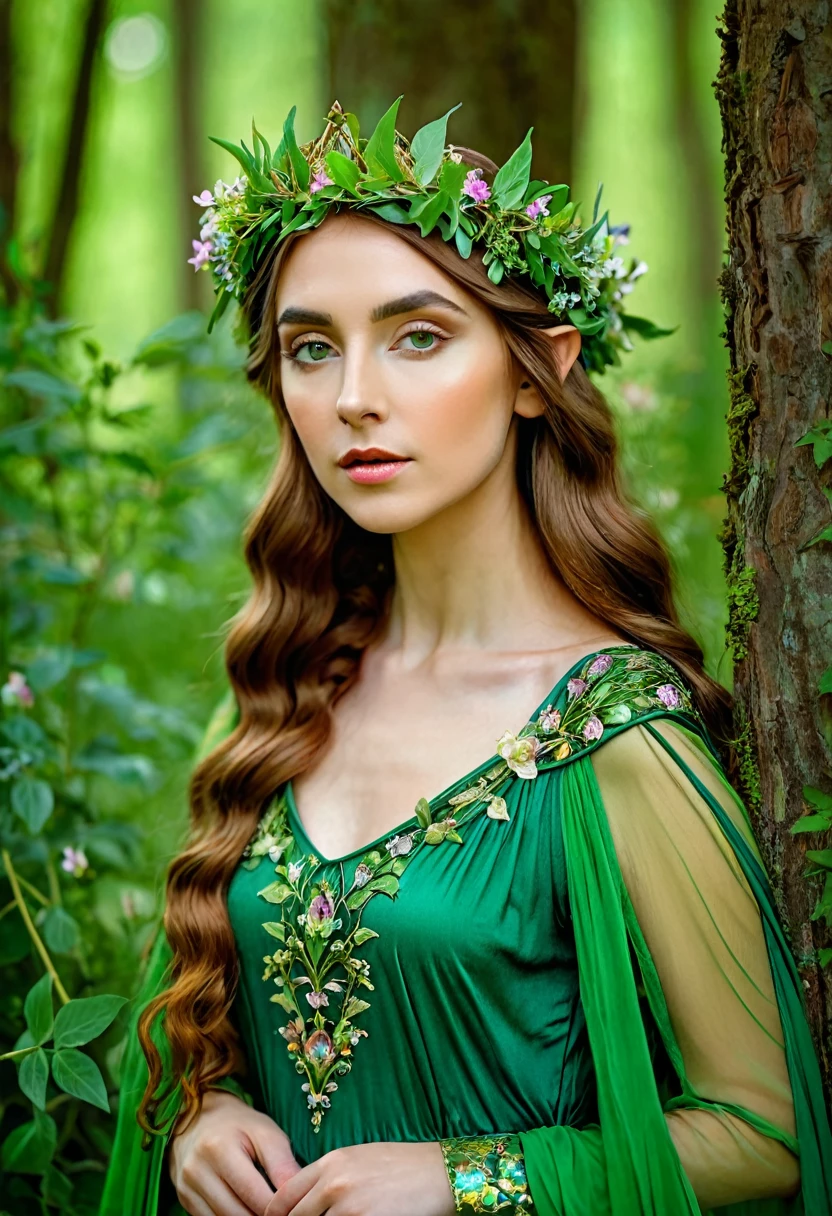 頭に花の冠をかぶった緑のドレスを着た女性がいる, 美しい少女, 夏の森の妖精の女王, 美しい少女 fantasy, beautiful エルフの王女, エルフの王女, 美しいファンタジーの肖像画, ラファエル前派様式, エルフの女王の肖像画, 中世の王女, 彼女は花の冠を持っている, エルフの王女, ラファエル前派様式