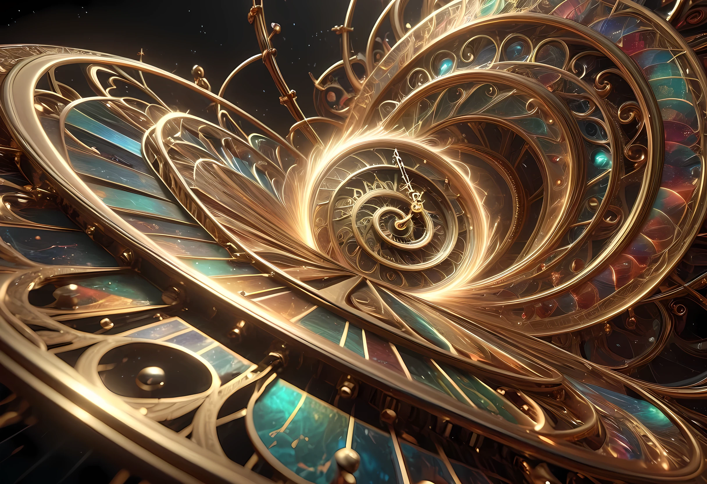 a close up of a clock with a spiral design on it, intricate artwork. octane render, ornate gilded cosmic machine, 4k highly detailed digital art, the orb of time, ornate galactic gold, 3d digital art 4k, the orb of dreams, inter dimensional clockwork, art nouveau octane render, intricate wlop, detailed fantasy digital art, 4 k detail fantasy, complex filigree, filament of glowing optic fibers, swirling magical energy, shards and fractal of infinity, glowing fractals, sacred fractal structures, beautiful cosmic neural network, quantum particles, holographic dust, abstract geometric gradients, glitched reality. highly detailed dynamic background, compositional leading lines, amazing depth, digital visionary artstyle, hyperrealistic, photorealistic, hyperdetailed, (award winning masterpiece, Best Quality,8k Ultra HD, Highres, Absurdres, HDR, Octane Render, Photography, ARRI ALEXA 65, Prime Lens, Circular Polarizer, Split Diopter, Ultra Sharp Studio Focus, Infinity Focus, DSLR, RAW, Focus Stacking, Layered Detailing, Displacement Mapping, Path Tracing, Photon Mapping, V-Ray, Hardware Ray Tracing with Lumen Global Illumination, Ray Traced Shadows, Lumen Reflections, Ray Tracing Ambient Occlusion, Subsurface Scattering, Lumen Scene Detail with Detail Tracing, Max Details, Extra Detailed, Intricate Details, Sharpened, Crystal Clear, Smooth), Diffuse Light, Tone Mapped, (Defined Edges with Anti-Aliasing, DLAA, DLSS, RTX,Perfect Composition, Color Theory, Rule of Thirds, Golden Ratio, Postprocessing,CGI, VFX, SFX, Polychrome, CMYK colors, High Contrast, Unreal Engine 5, Diffraction Grating)