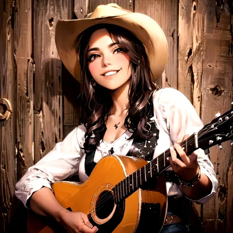arafa woman in cowboy hat holding a guitar and smiling, western vaqueira, vaqueira, female vaqueira, Alanis Guillen, vaqueira, c...