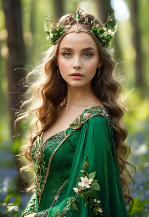 there is a woman dressed in a green dress with a crown of flowers on her head, beautiful young girl, fairy queen of the summer f...