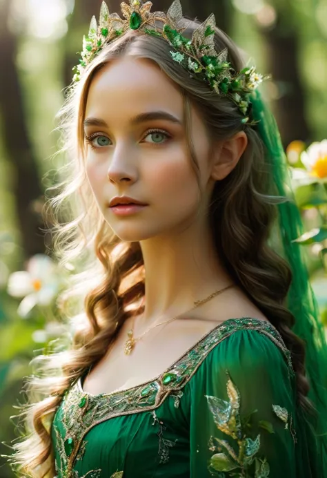 there is a woman dressed in a green dress with a crown of flowers on her head, beautiful young girl, fairy queen of the summer f...