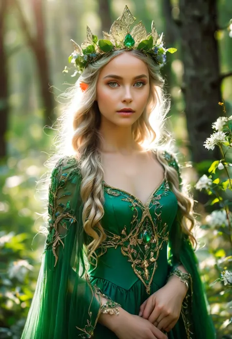 there is a woman dressed in a green dress with a crown of flowers on her head, beautiful young girl, fairy queen of the summer f...