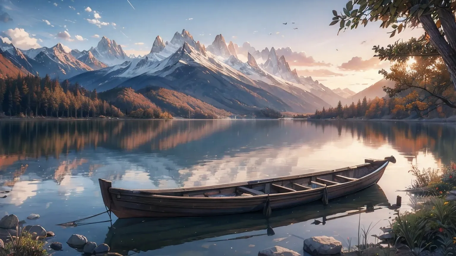 ((Watercolor Landscape)) : sunset，Alafud boats on the shore of a mountain lake, autumn calm, beautiful lake, Warm and beautiful ...