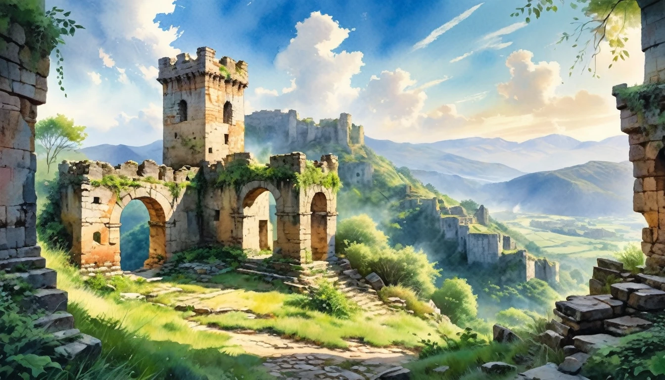 a serene watercolor landscape, panoramic view, (soft brush:1.2), the ruins of a watchtower in the mountains, morning sun shining through the holes in the crumbling structure, blue sky with a few wispy white clouds, lush green vegetation surrounding the ruins, atmospheric lighting, (tyndall efect:1.34), detailed textures, tranquil mood, (best quality,4k,8k,highres,masterpiece:1.2),ultra-detailed,(realistic,photorealistic,photo-realistic:1.37),landscape,plein air,natural lighting,atmospheric perspective,vibrant colors,detailed foliage,ancient architecture,dramatic lighting