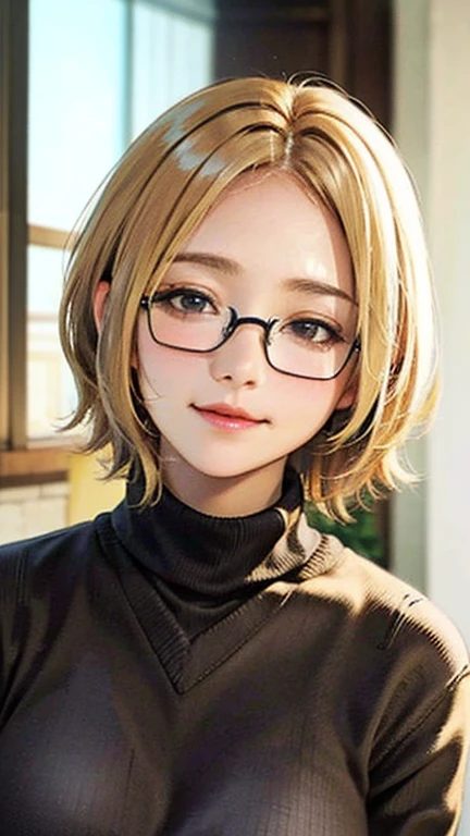 1 female, /(Tight sweater/) V-neck, Mature Woman, /((((short hair、Light brown hair、Blonde hair)))) Beautiful forehead, Stylish Glasses、A gentle blushing smile, (Masterpiece of the highest quality:1.2) Delicate illustrations, super detailed,  /(Modern house living room/) indoor