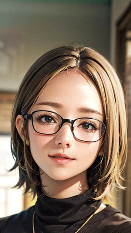 1 female, /(Tight sweater/) V-neck, Mature Woman, /((((Mid-length hair、Light brown hair、Blonde hair)))) Beautiful forehead, Stylish Glasses、A gentle blushing smile, (Masterpiece of the highest quality:1.2) Delicate illustrations, super detailed,  /(Modern house living room/) indoor