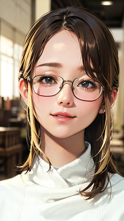 1 female, /(Tight sweater/) V-neck, Mature Woman, /((((Mid-length hair、Light brown hair、Blonde hair)))) Beautiful forehead, Stylish Glasses、A gentle blushing smile, (Masterpiece of the highest quality:1.2) Delicate illustrations, super detailed,  /(Modern house living room/) indoor