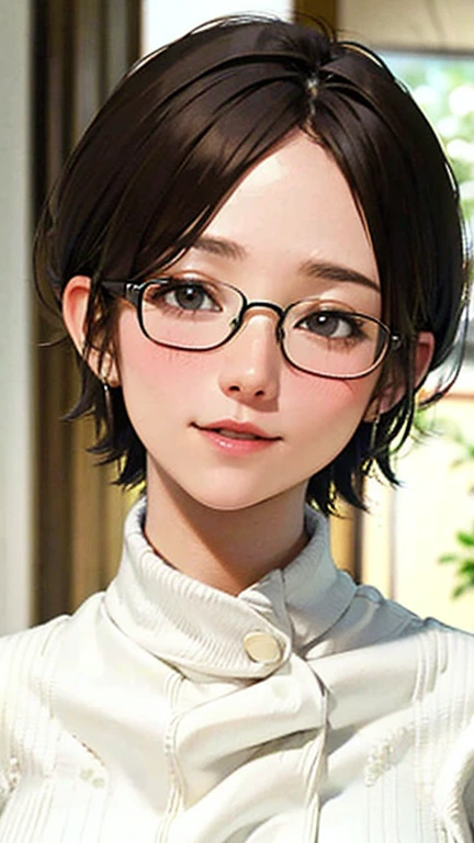 1 female, /(Tight sweater/) V-neck, Mature Woman, /((((short hair、Light brown hair、Blonde hair)))) Beautiful forehead, Stylish Glasses、A gentle blushing smile, (Masterpiece of the highest quality:1.2) Delicate illustrations, super detailed,  /(Modern house living room/) indoor